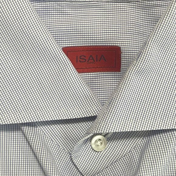 ISAIA Napoli Modern LS Button Up Shirt Italy Made Mini Check Blue Size 46/XL Men - Picture 3 of 9